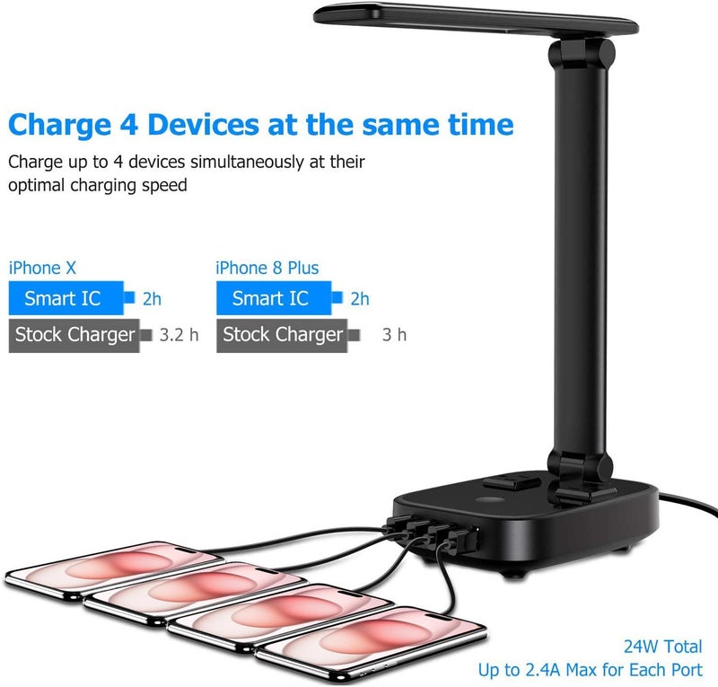 Yostyle LED Desk Lamp with 4 USB Charging Ports and 2 AC Outlets,5ft Extension Cord Power Strip Station, 3 Level Brightness, Touch Dimmer Control, Office Table Eye Care Lamp Bedroom Hotel - Image 4